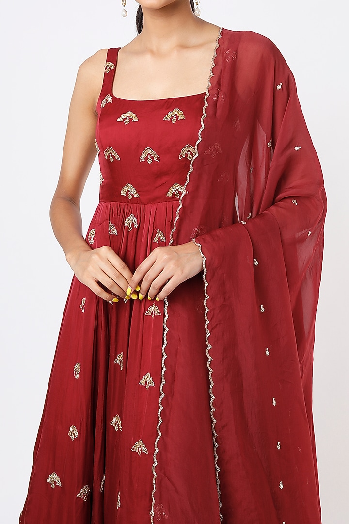 Red Butta Embroidered Wedding Anarkali Set by Ease at Pernia's Pop Up Shop