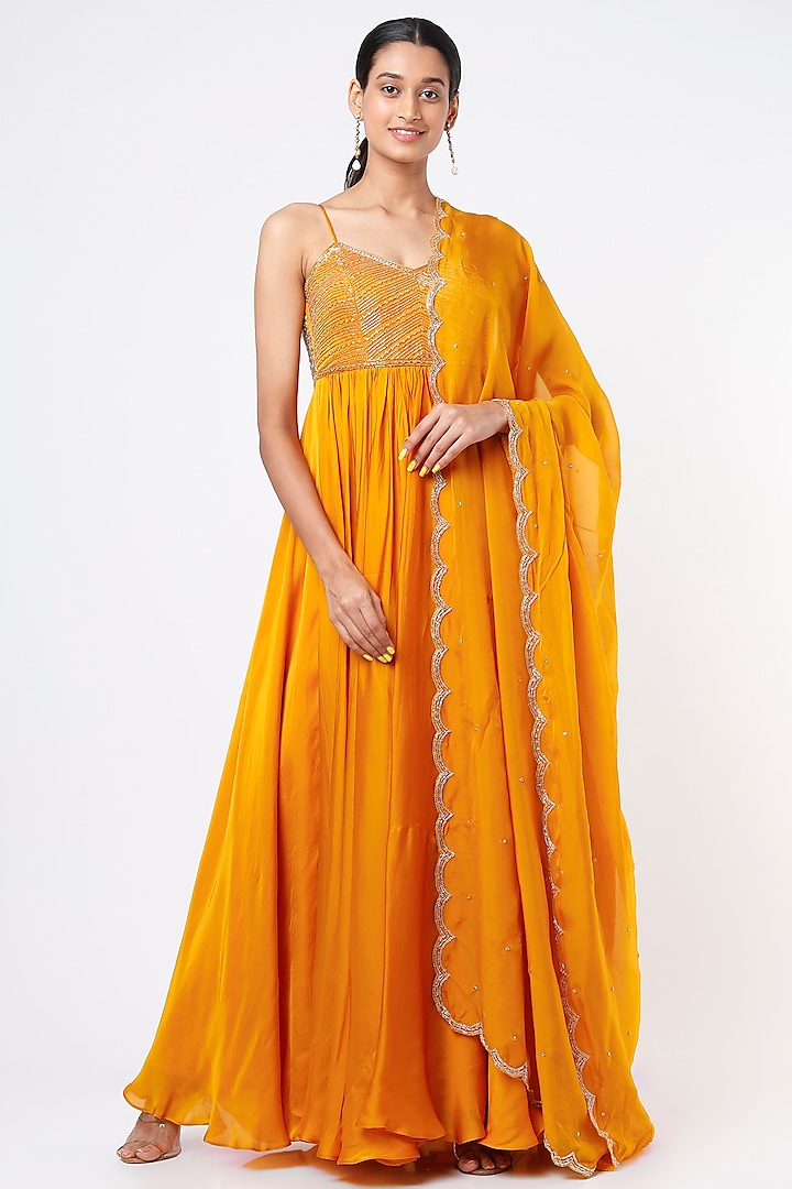 Mango Yellow Embroidered Anarkali Set by Ease