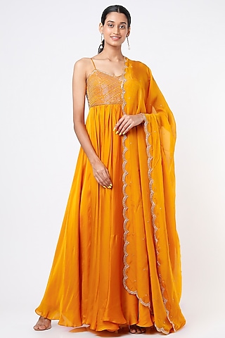 Mango Yellow Embroidered Anarkali Set by Ease