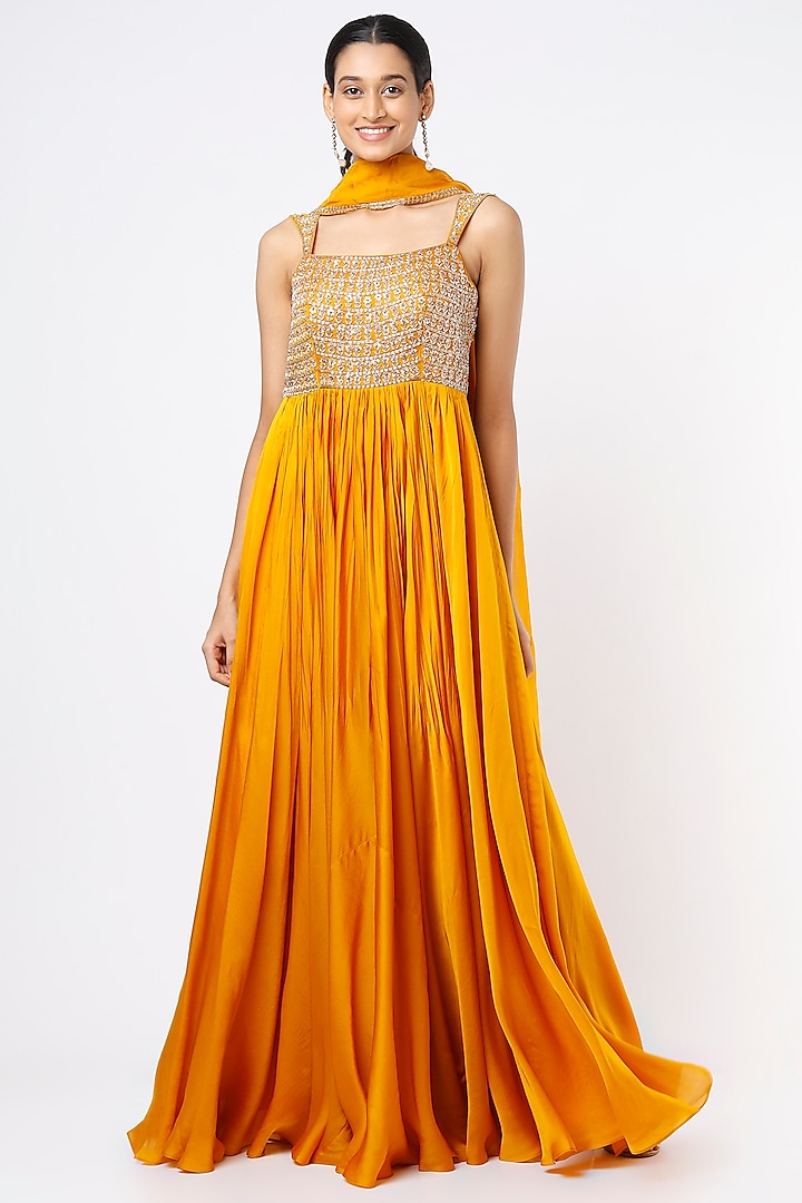 Mango Yellow Floral Embroidered Anarkali Set by Ease