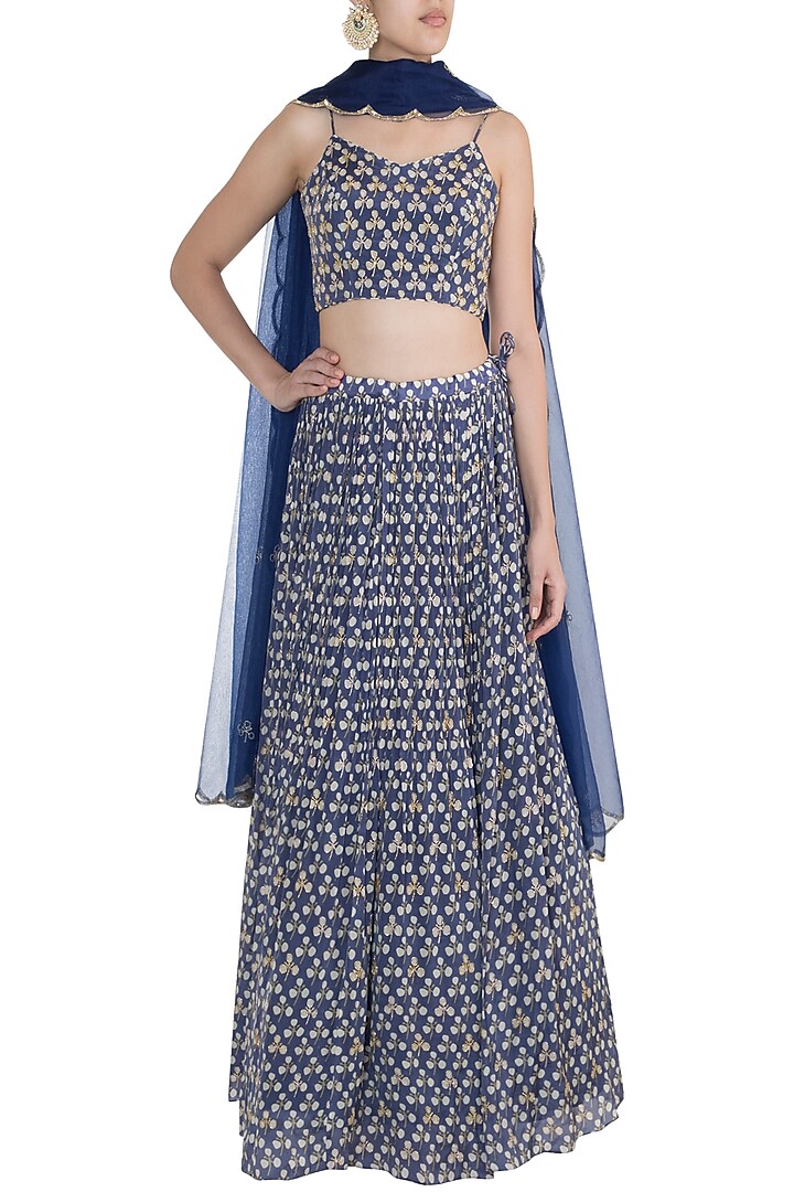 Blue Embroidered & Printed Wedding Lehenga Set by Ease at Pernia's Pop Up Shop