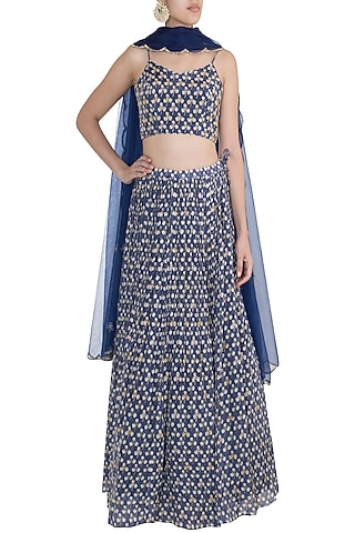Blue Embroidered & Printed Lehenga Set by Ease