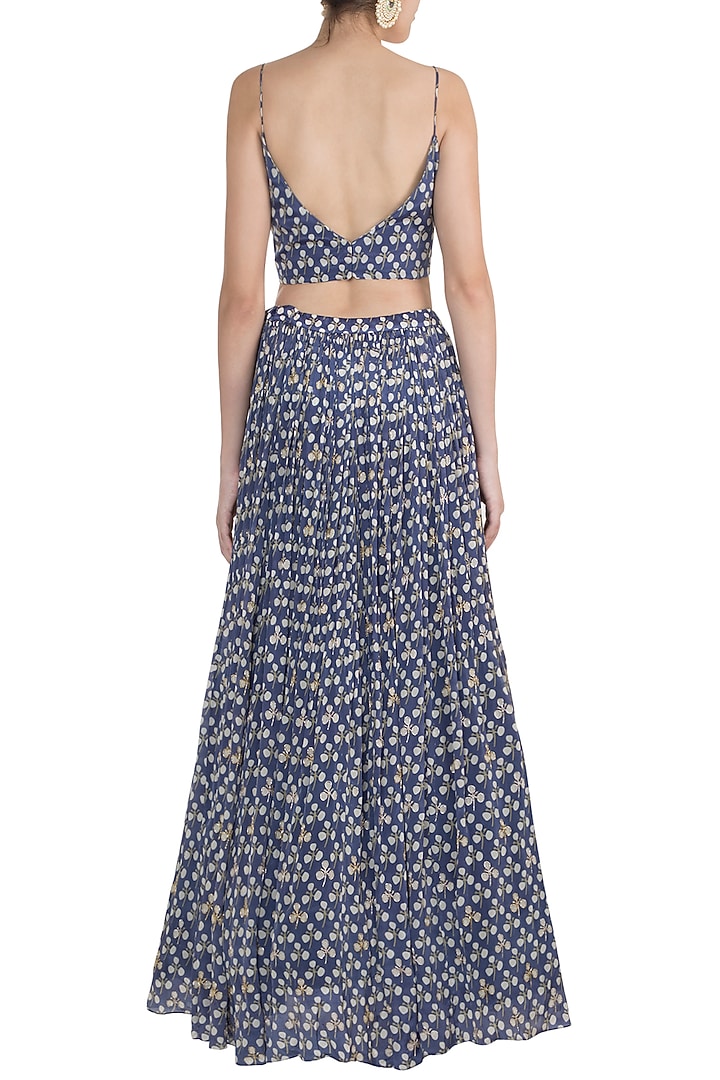 Blue Embroidered & Printed Wedding Lehenga Set by Ease at Pernia's Pop Up Shop