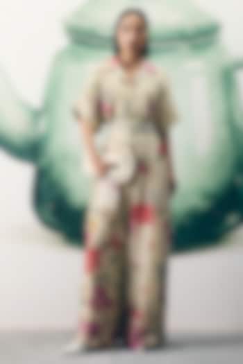 Ivory Silk & Organza Floral Printed Jumpsuit by Ease at Pernia's Pop Up Shop