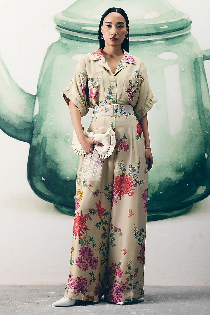Ivory Silk & Organza Floral Printed Jumpsuit by Ease at Pernia's Pop Up Shop