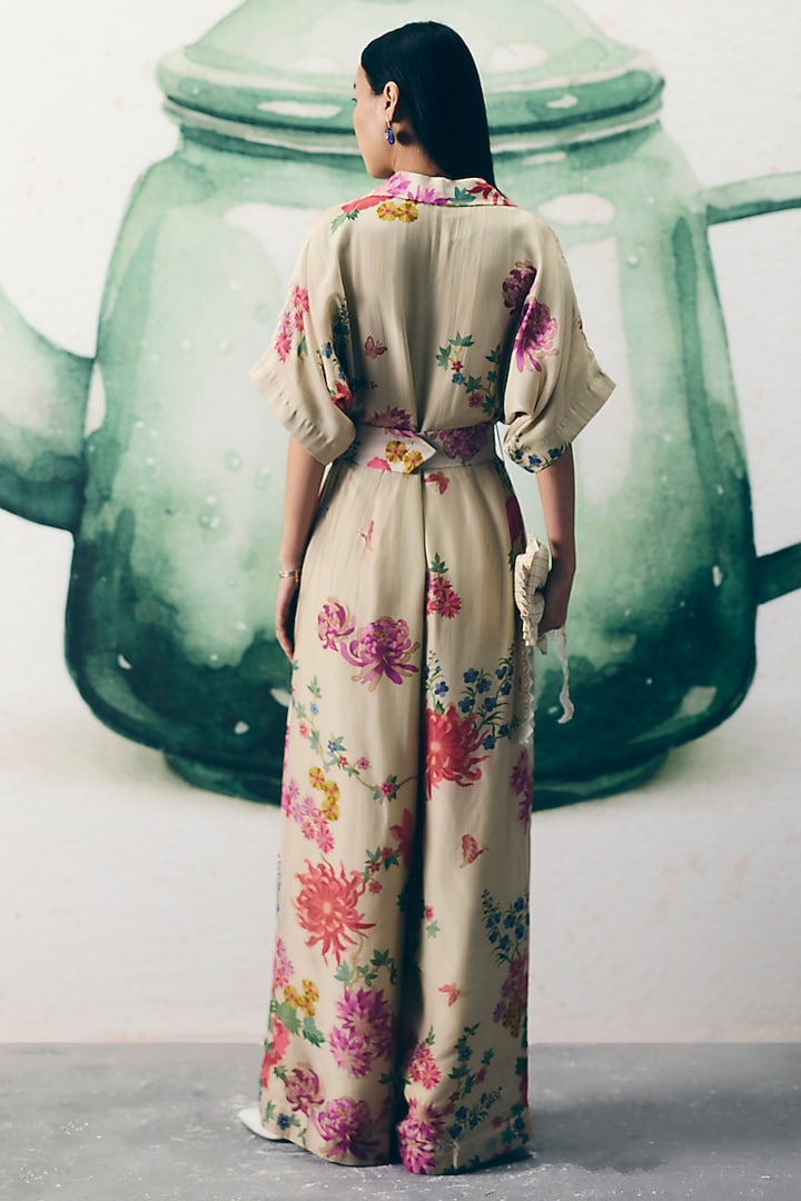 Ivory Silk & Organza Floral Printed Jumpsuit by Ease at Pernia's Pop Up Shop