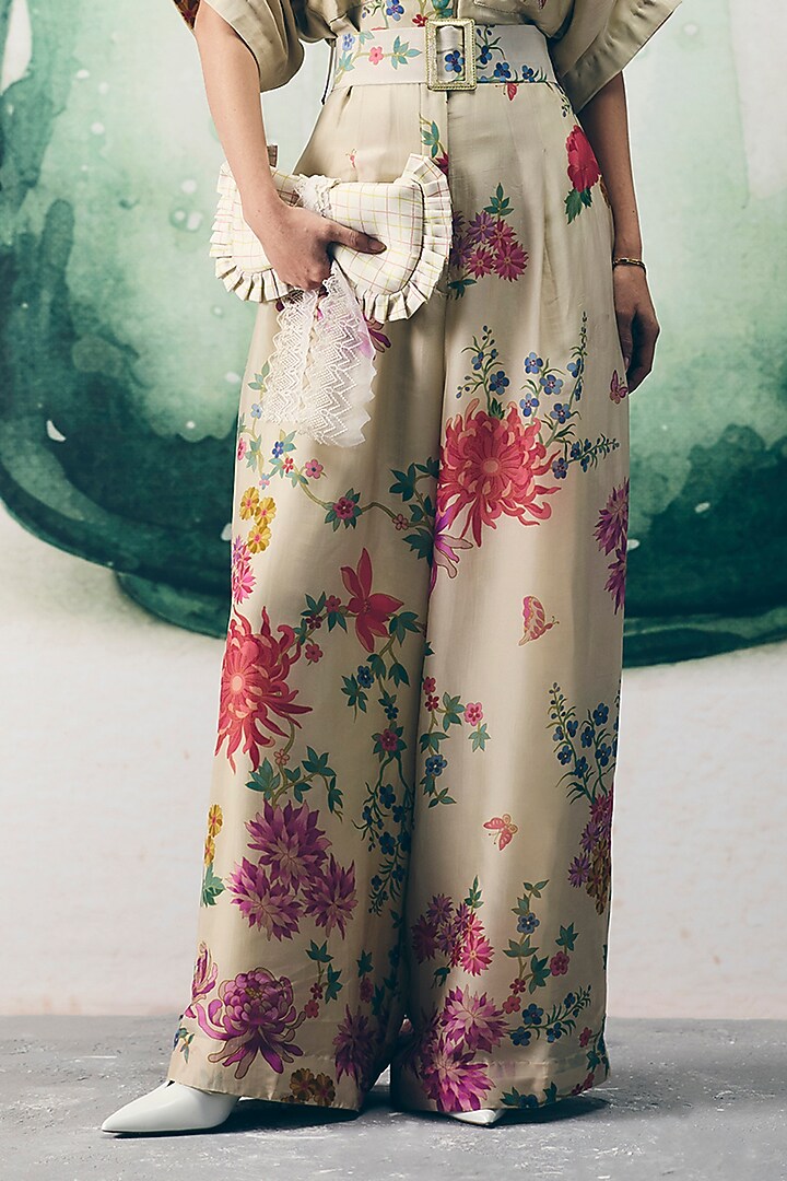Ivory Silk & Organza Floral Printed Jumpsuit by Ease at Pernia's Pop Up Shop