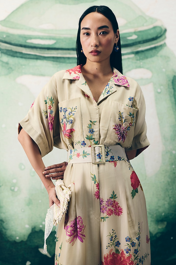 Ivory Silk & Organza Floral Printed Jumpsuit by Ease at Pernia's Pop Up Shop
