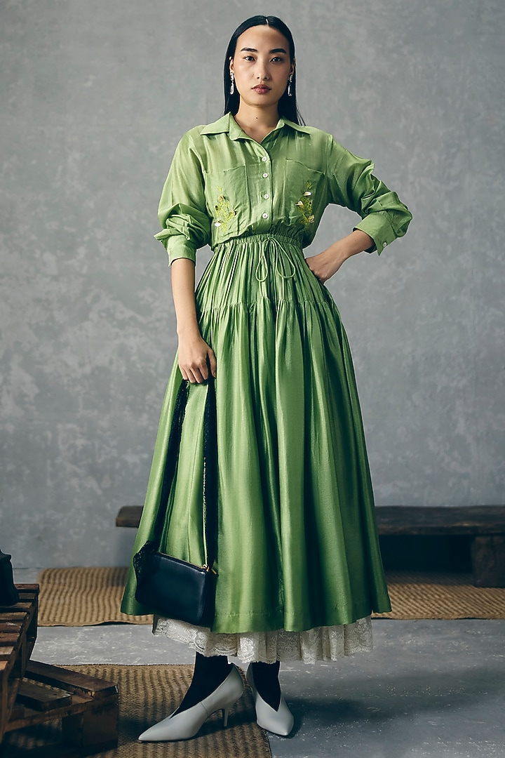 Pista Green Silk Midi Summer Dress by Ease at Pernia's Pop Up Shop