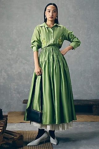 Pista Green Silk Midi Dress by Ease