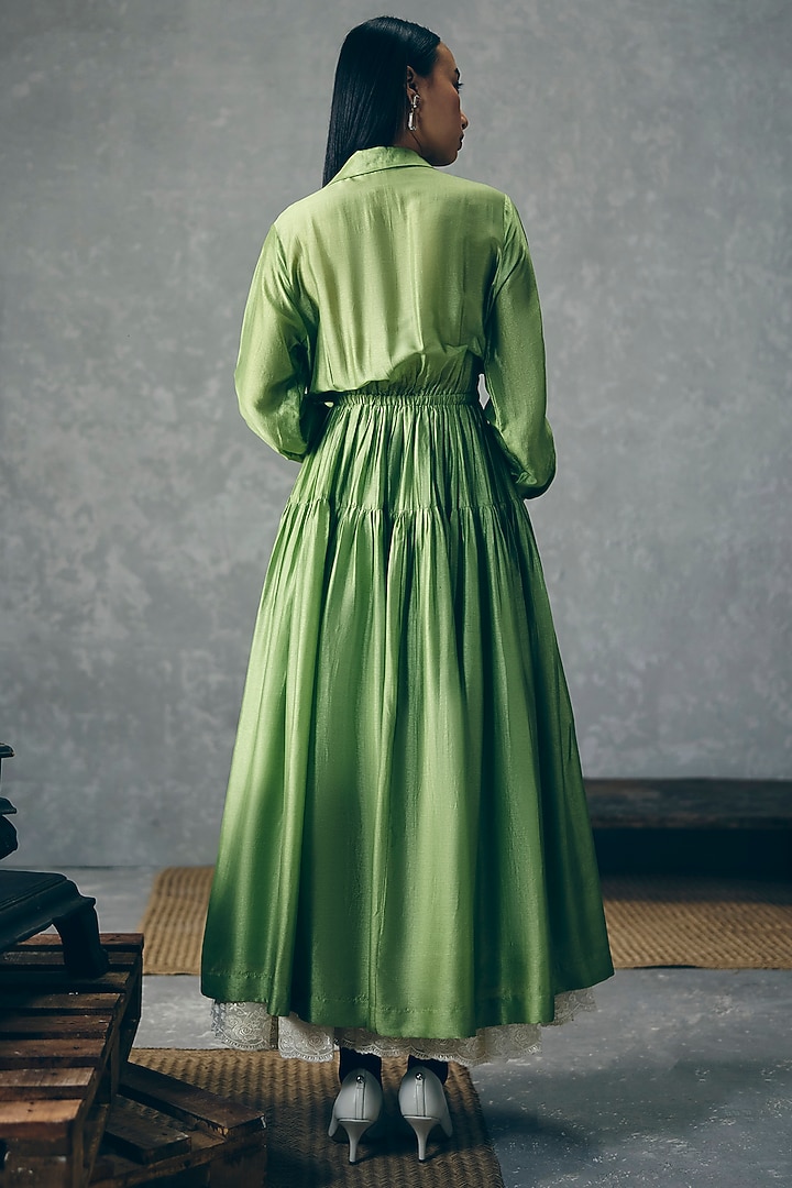Pista Green Silk Midi Summer Dress by Ease at Pernia's Pop Up Shop
