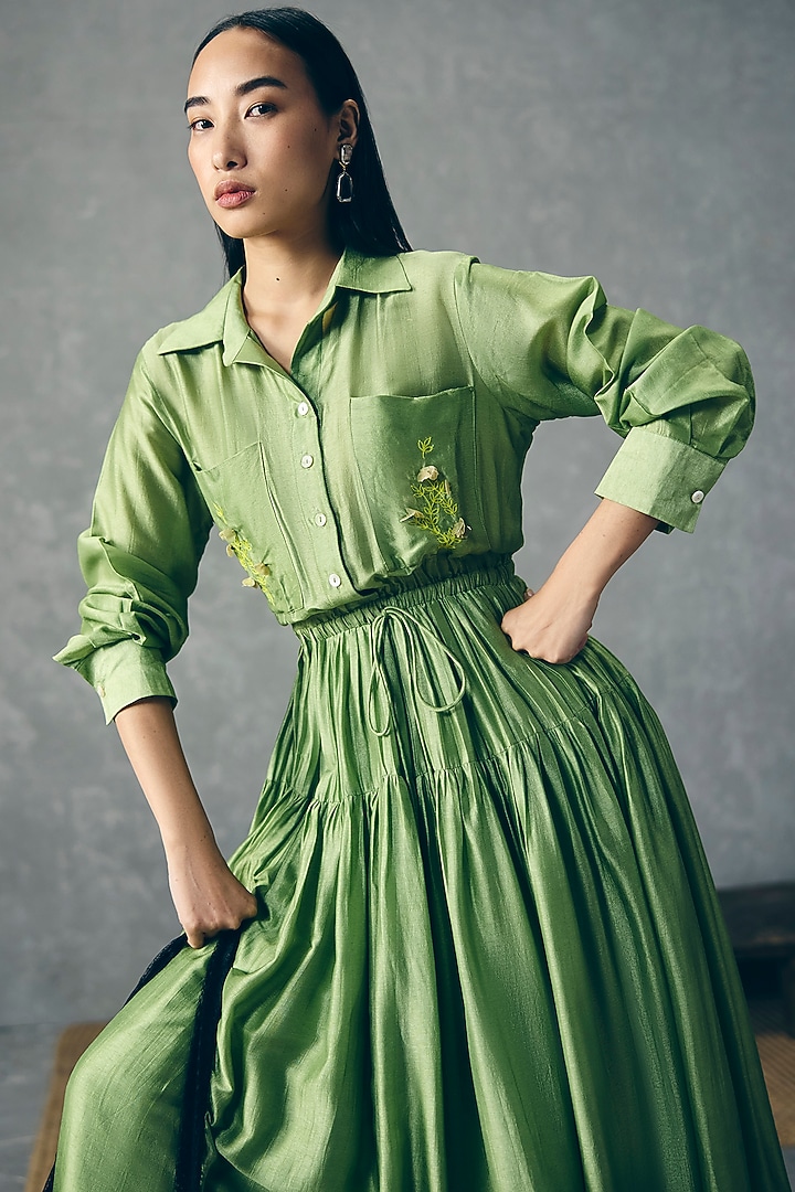Pista Green Silk Midi Summer Dress by Ease at Pernia's Pop Up Shop