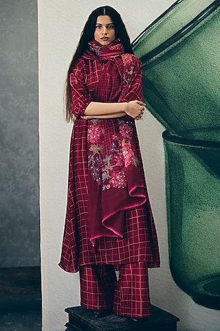 Wine Silk Organza Checkered Kurta Set by Ease