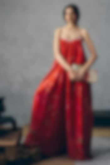 Red Organza Silk Floral Printed Jumpsuit With Jacket by Ease at Pernia's Pop Up Shop