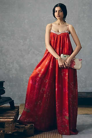 Red Organza Silk Floral Printed Jumpsuit With Jacket by Ease