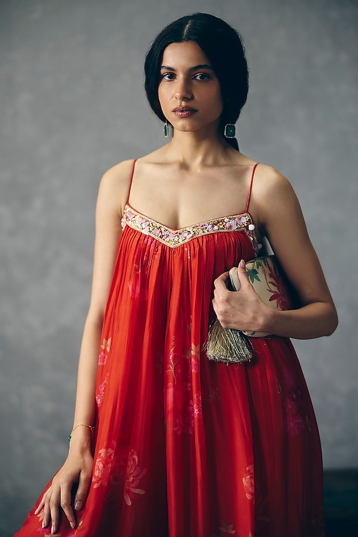 Red Organza Silk Floral Printed Jumpsuit With Jacket by Ease at Pernia's Pop Up Shop