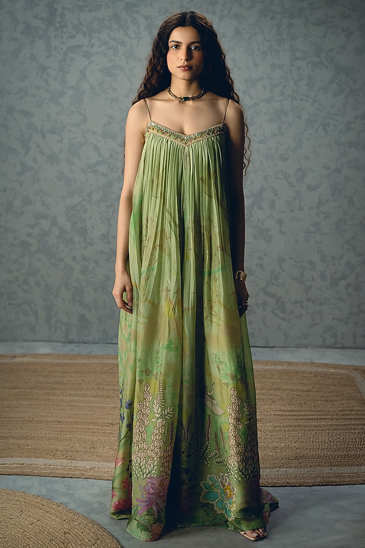 Pista Green Organza Silk Floral Printed Jumpsuit With Jacket by Ease at Pernia's Pop Up Shop