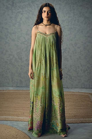 Pista Green Organza Silk Floral Printed Jumpsuit With Jacket by Ease