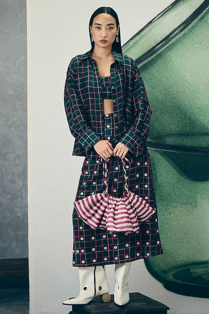 Bottle Green Silk Organza Jacket Set by Ease at Pernia's Pop Up Shop