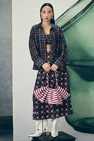Bottle Green Silk Organza Jacket Set by Ease