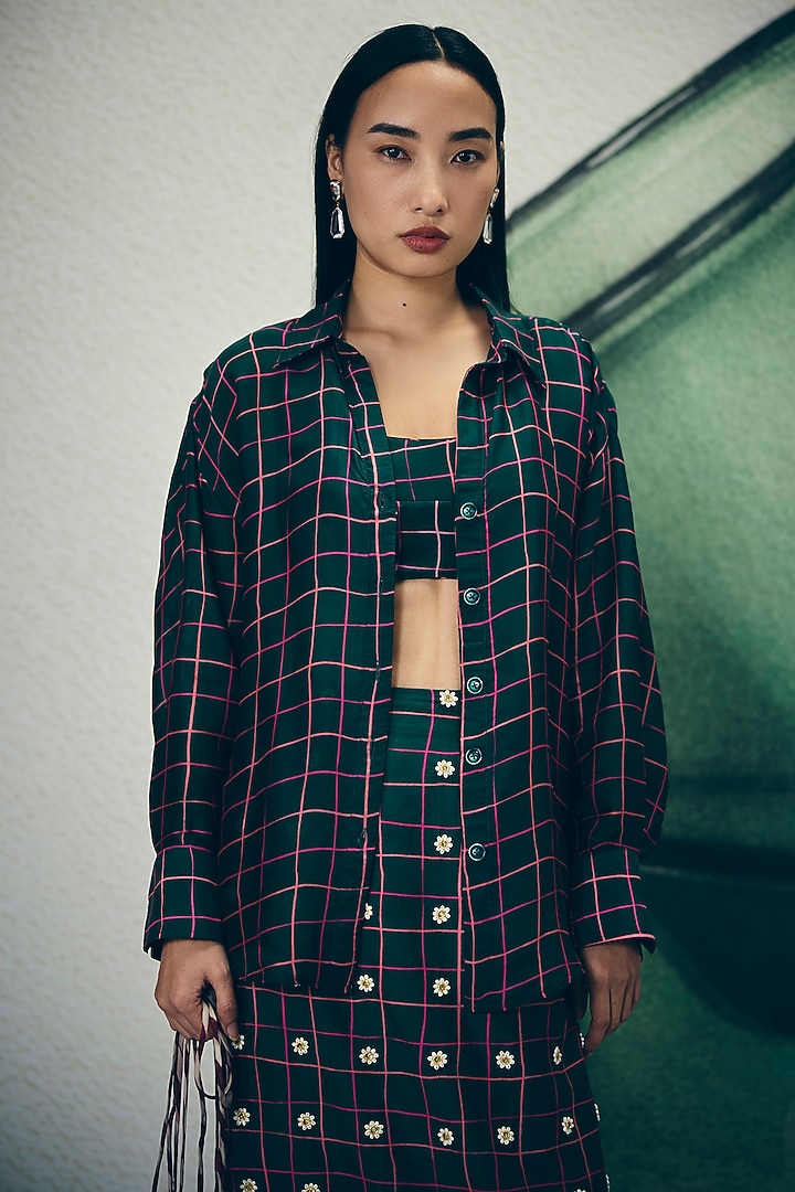 Bottle Green Silk Organza Jacket Set by Ease at Pernia's Pop Up Shop