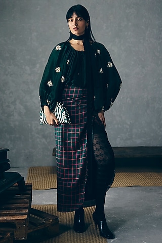 Bottle Green Gokul Chiniya Wrap-Skirt Set by Ease