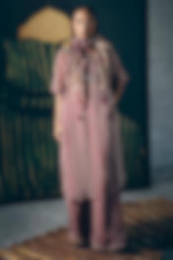 Maroon Pure Organza Striped Kurta Set by Ease at Pernia's Pop Up Shop