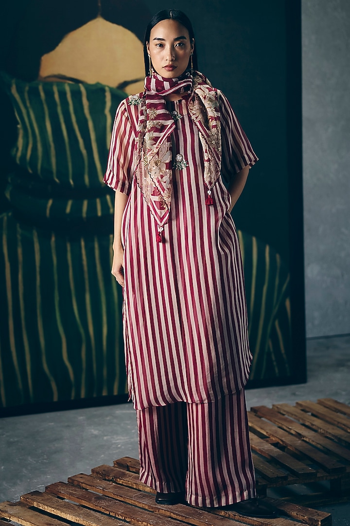 Maroon Pure Organza Striped Kurta Set by Ease at Pernia's Pop Up Shop
