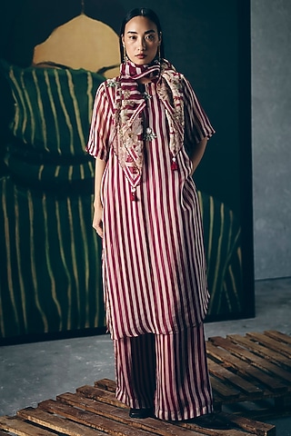Maroon Pure Organza Striped Kurta Set by Ease