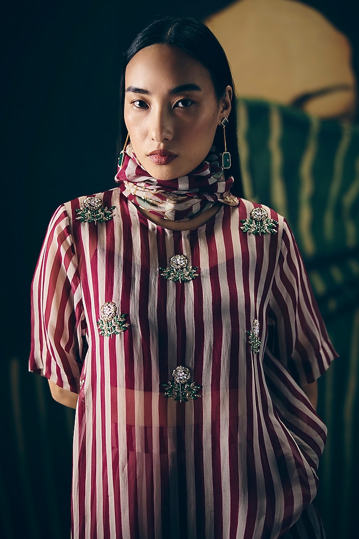 Maroon Pure Organza Striped Kurta Set by Ease at Pernia's Pop Up Shop