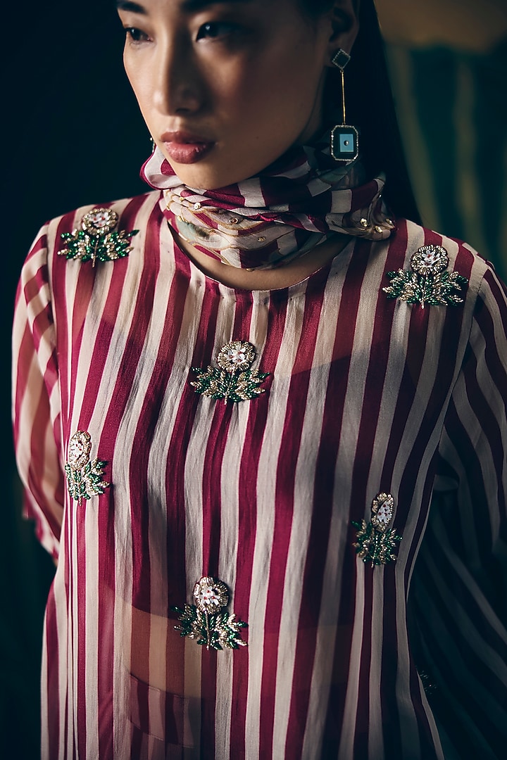 Maroon Pure Organza Striped Kurta Set by Ease at Pernia's Pop Up Shop