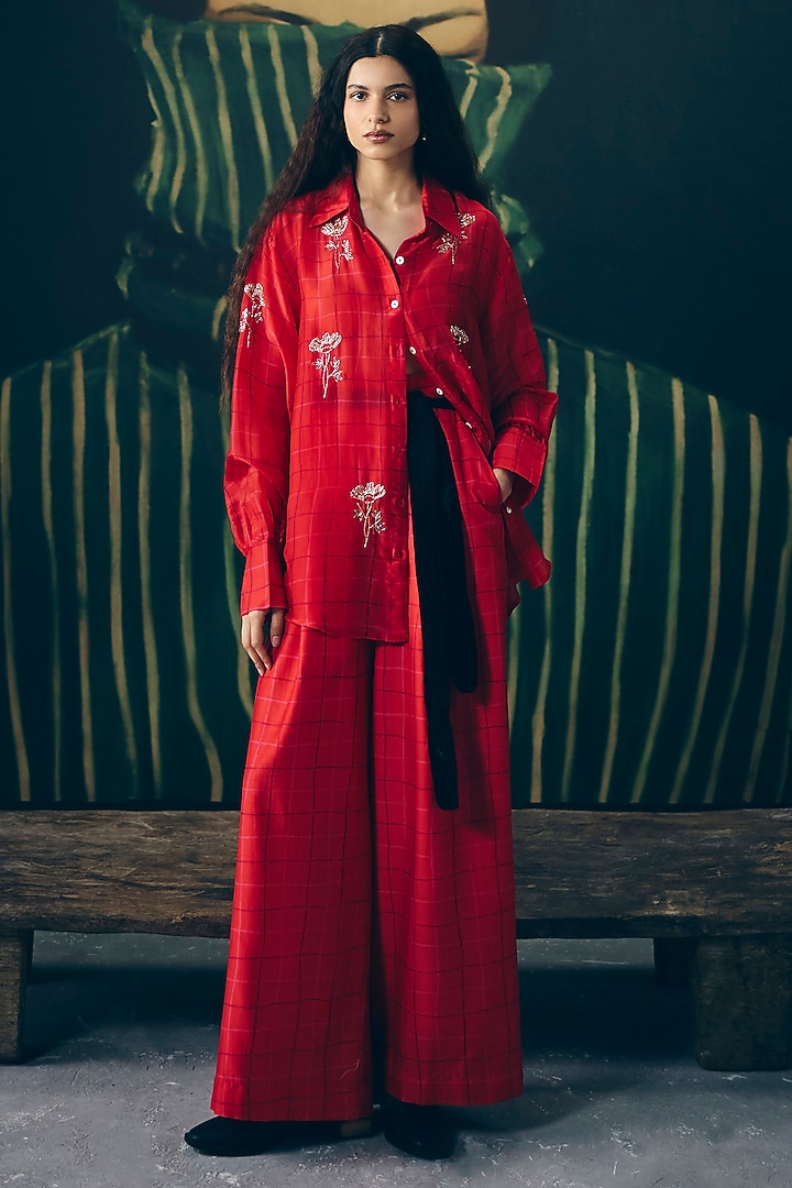 Red Silk Organza Checkered Co-Ord Set by Ease at Pernia's Pop Up Shop