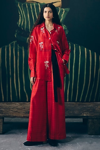 Red Silk Organza Checkered Co-Ord Set by Ease