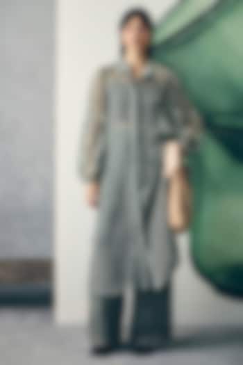 Bottle Green Pure Organza Striped Jacket Set by Ease at Pernia's Pop Up Shop