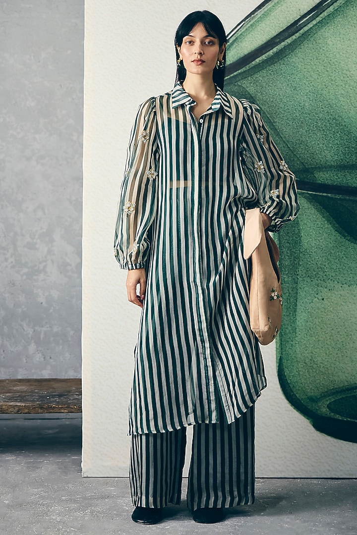 Bottle Green Pure Organza Striped Jacket Set by Ease at Pernia's Pop Up Shop