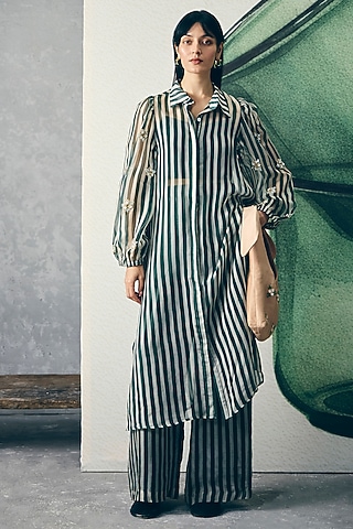 Bottle Green Pure Organza Striped Jacket Set by Ease