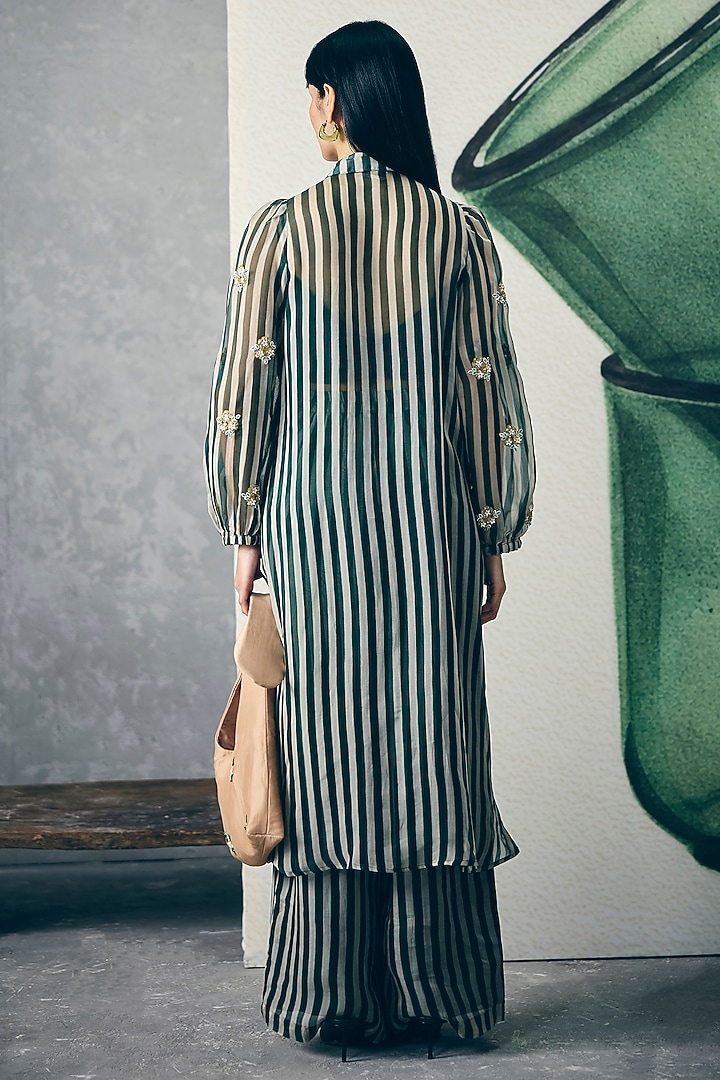 Bottle Green Pure Organza Striped Jacket Set by Ease at Pernia's Pop Up Shop