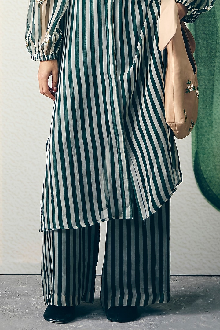 Bottle Green Pure Organza Striped Jacket Set by Ease at Pernia's Pop Up Shop