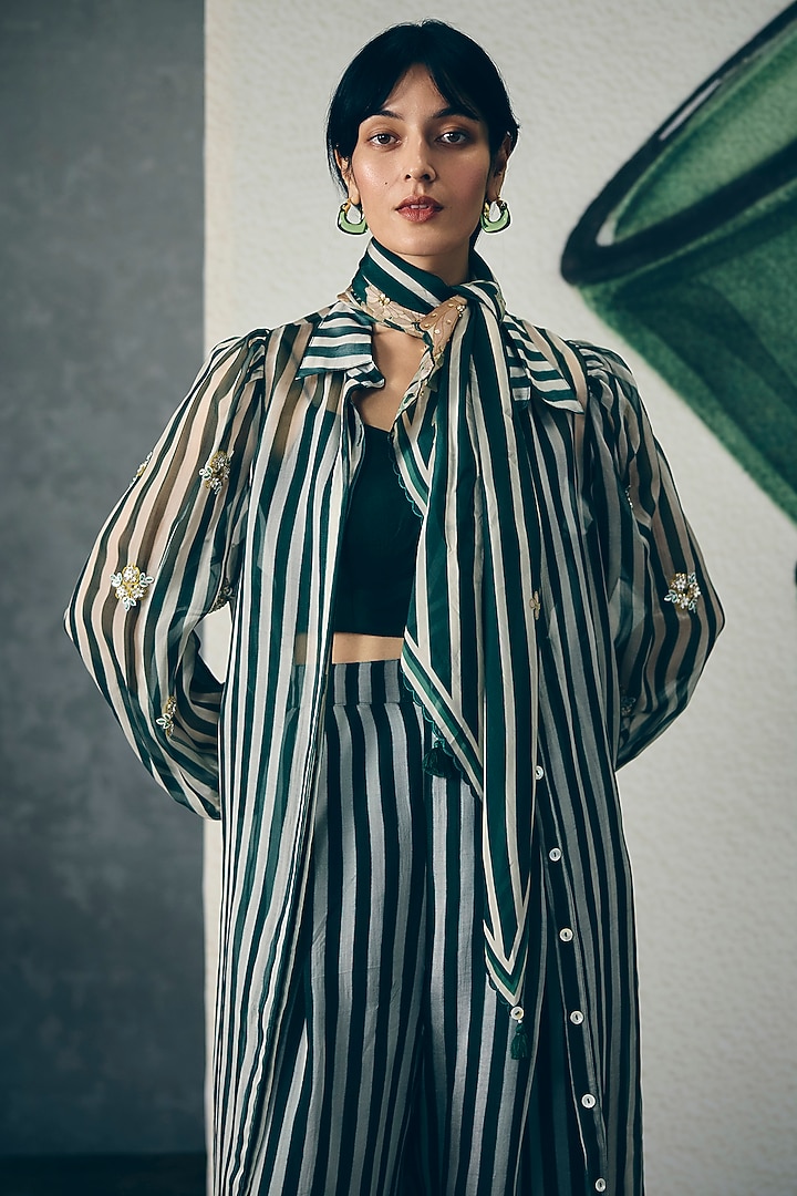 Bottle Green Pure Organza Striped Jacket Set by Ease at Pernia's Pop Up Shop