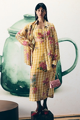Pale Yellow Silk Flowy Skirt Set by Ease