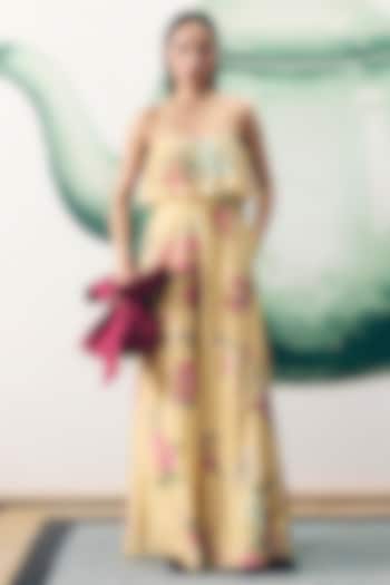 Pale Yellow China Silk Embroidered Jumpsuit by Ease at Pernia's Pop Up Shop