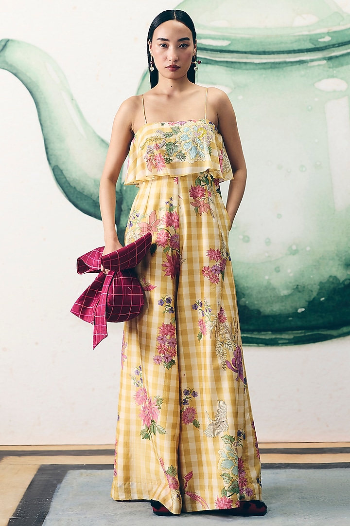 Pale Yellow China Silk Embroidered Jumpsuit by Ease at Pernia's Pop Up Shop