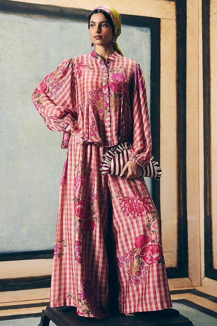 Pink China Silk Gingham Printed Co-Ord Set by Ease at Pernia's Pop Up Shop