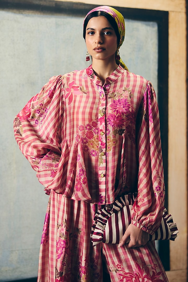 Pink China Silk Gingham Printed Co-Ord Set by Ease at Pernia's Pop Up Shop