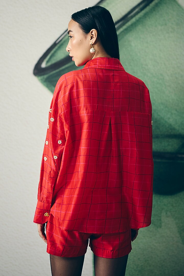 Red Gokul Chiniya Checkered Co-Ord Set by Ease at Pernia's Pop Up Shop