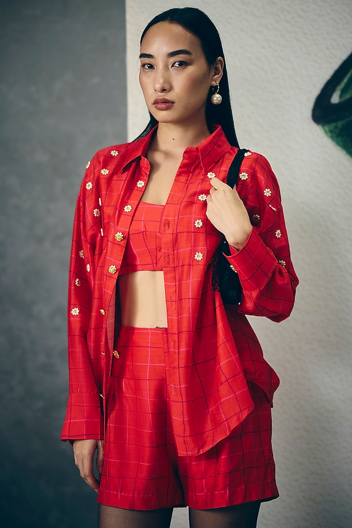 Red Gokul Chiniya Checkered Co-Ord Set by Ease at Pernia's Pop Up Shop