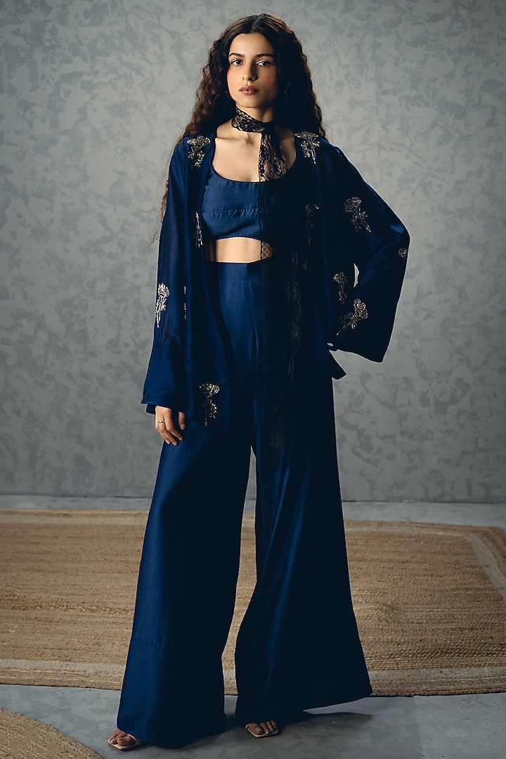Navy Blue Sarthak Silk Co-Ord Set by Ease at Pernia's Pop Up Shop