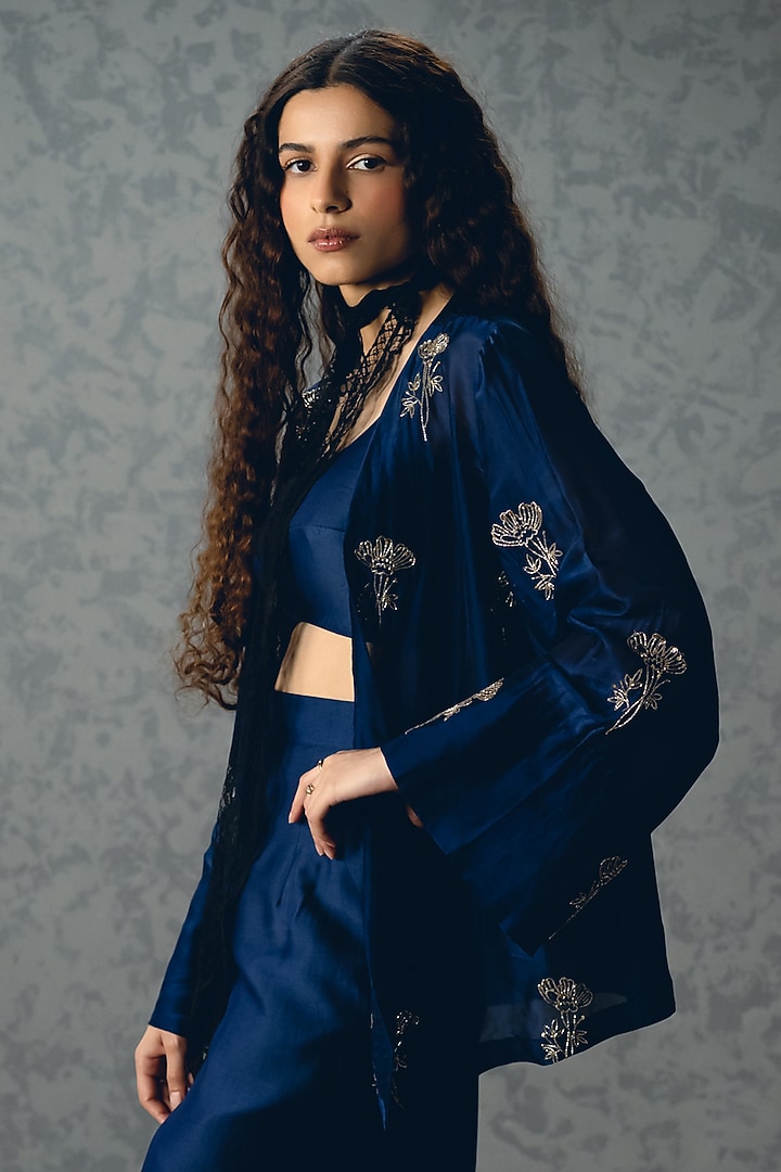 Navy Blue Sarthak Silk Co-Ord Set by Ease at Pernia's Pop Up Shop