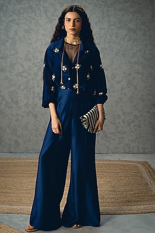 Navy Blue Silk Organza Co-Ord Set by Ease