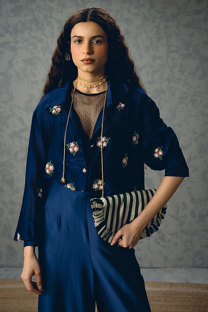 Navy Blue Silk Organza Co-Ord Set by Ease at Pernia's Pop Up Shop